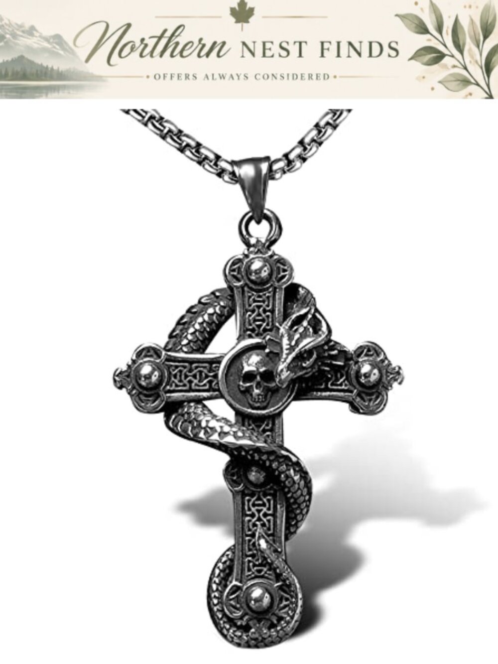 Mens Skull Dragon Pendant Necklace 25.5 Inch Stainless Steel Chain Goth